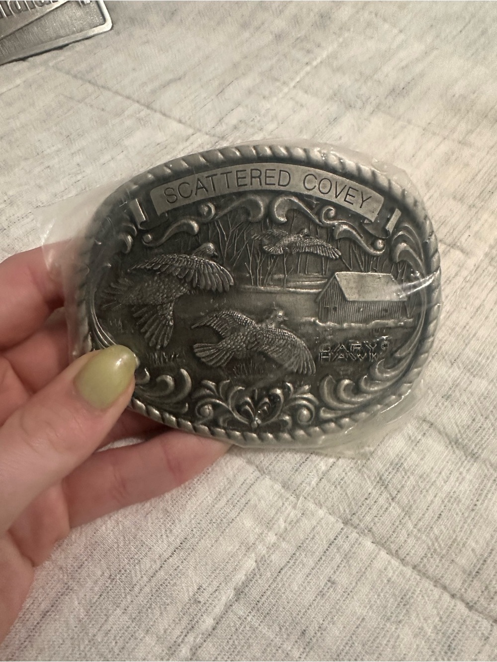 Scattered Covey Belt Buckle - Pewter Toned Signed Gary Hawk